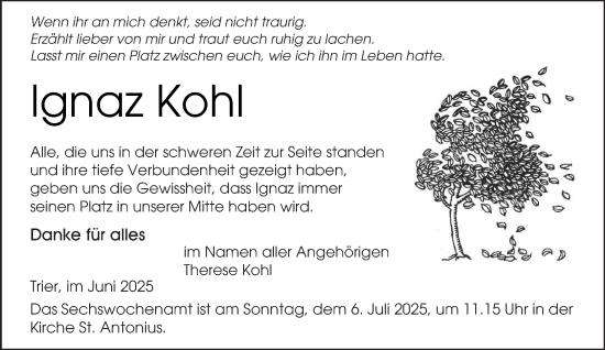 Traueranzeige von Ignaz Kohl von trierischer_volksfreund