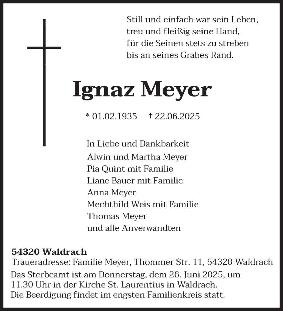  Traueranzeige für Ignaz Meyer vom 25.06.2025 aus trierischer_volksfreund