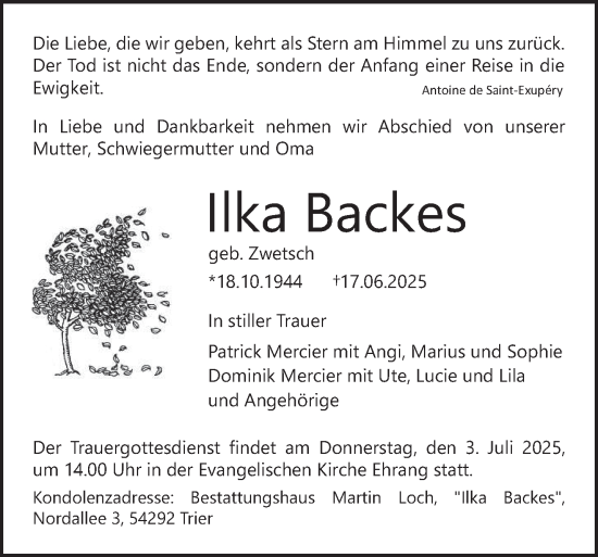 Traueranzeige von Ilka Backes von trierischer_volksfreund