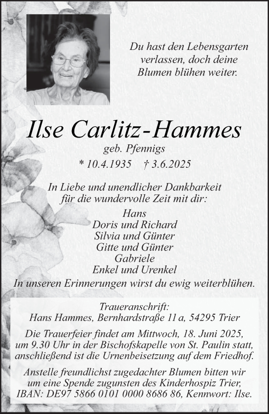 Traueranzeige von Ilse Carlitz-Hammes von trierischer_volksfreund