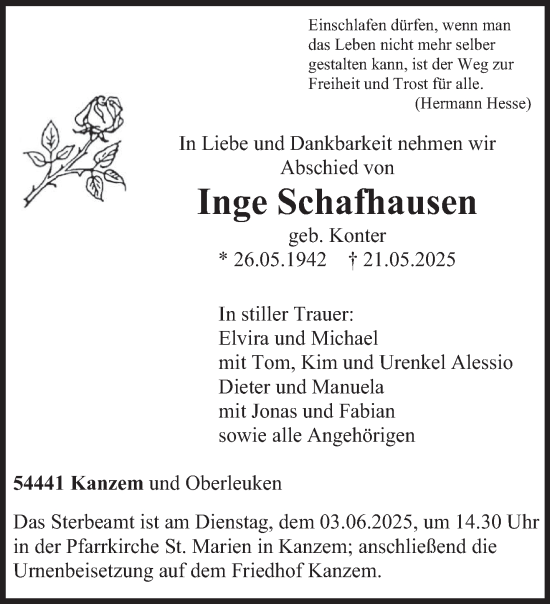 Traueranzeige von Inge Schafhausen von trierischer_volksfreund