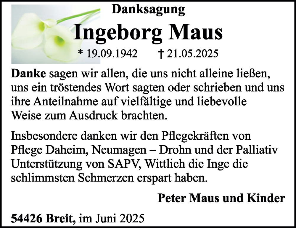  Traueranzeige für Ingeborg Maus vom 14.06.2025 aus trierischer_volksfreund