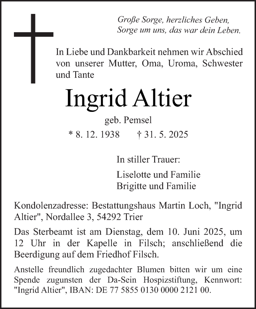  Traueranzeige für Ingrid Altier vom 07.06.2025 aus trierischer_volksfreund