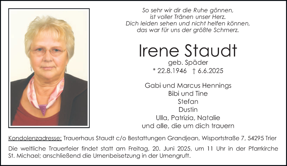  Traueranzeige für Irene Staudt vom 14.06.2025 aus trierischer_volksfreund