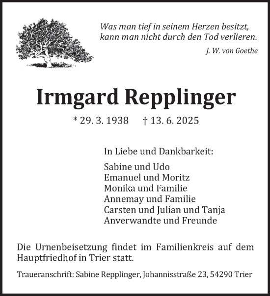 Traueranzeige von Irmgard Repplinger von trierischer_volksfreund