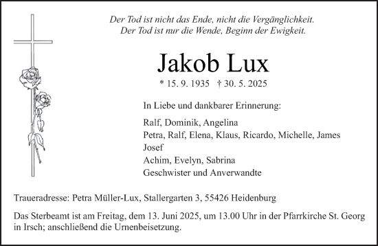 Traueranzeige von Jakob Lux von trierischer_volksfreund
