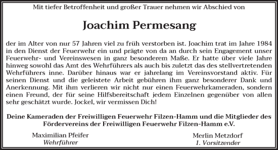 Traueranzeige von Joachim Permesang von trierischer_volksfreund
