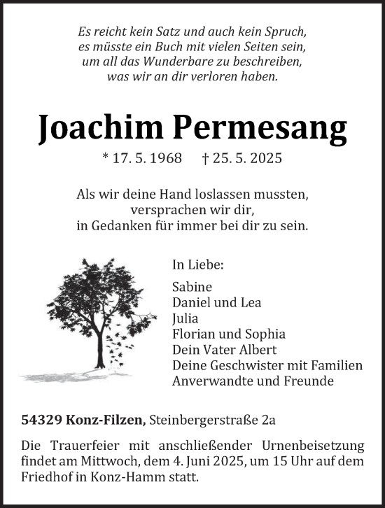Traueranzeige von Joachim Permesang von trierischer_volksfreund