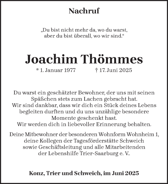 Traueranzeige von Joachim Thömmes von trierischer_volksfreund