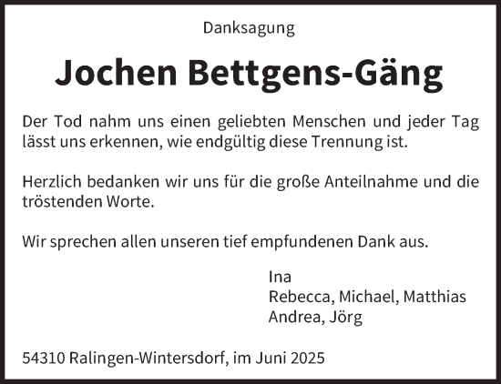 Traueranzeige von Jochen Bettgens-Gäng von trierischer_volksfreund