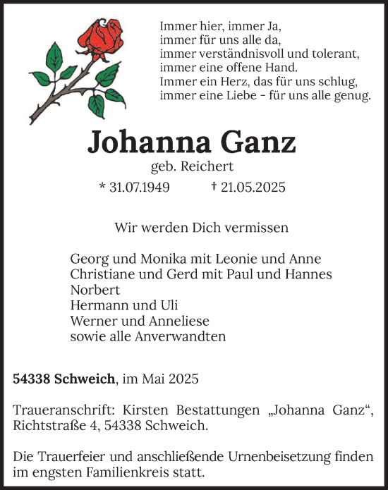 Traueranzeige von Johanna Ganz von trierischer_volksfreund