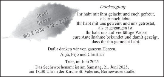 Traueranzeige von Josef Becker von trierischer_volksfreund