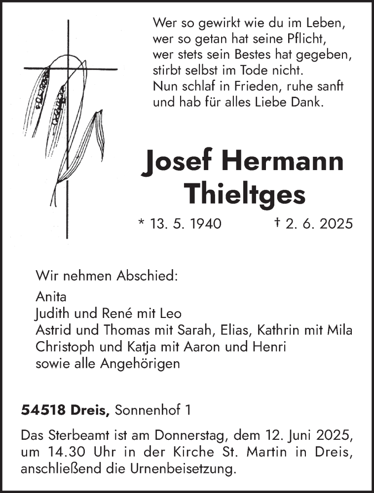  Traueranzeige für Josef Hermann Thieltges vom 07.06.2025 aus trierischer_volksfreund
