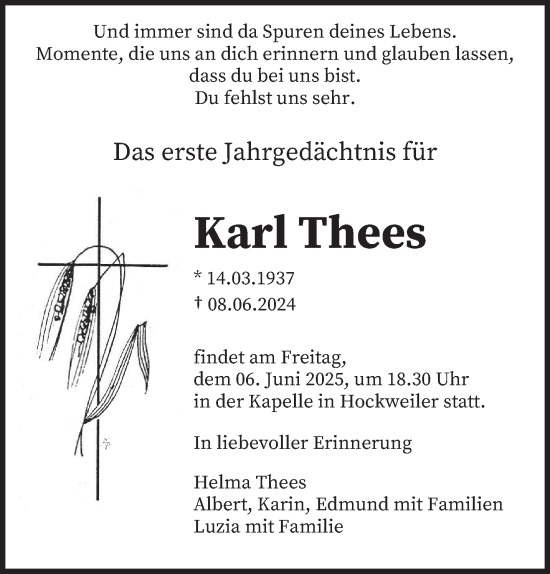 Traueranzeige von Karl Thees von trierischer_volksfreund
