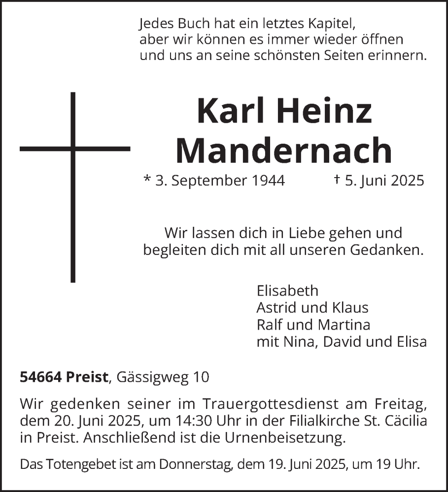  Traueranzeige für Karl Heinz Mandernach vom 14.06.2025 aus trierischer_volksfreund