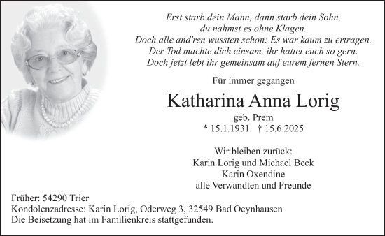 Traueranzeige von Katharina Anna Lorig von trierischer_volksfreund