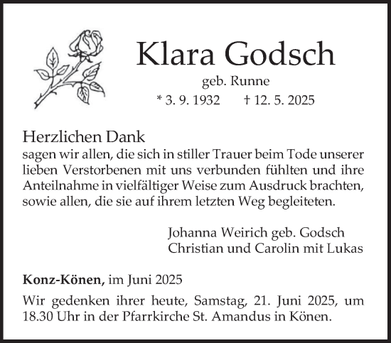 Traueranzeige von Klara Godsch von trierischer_volksfreund