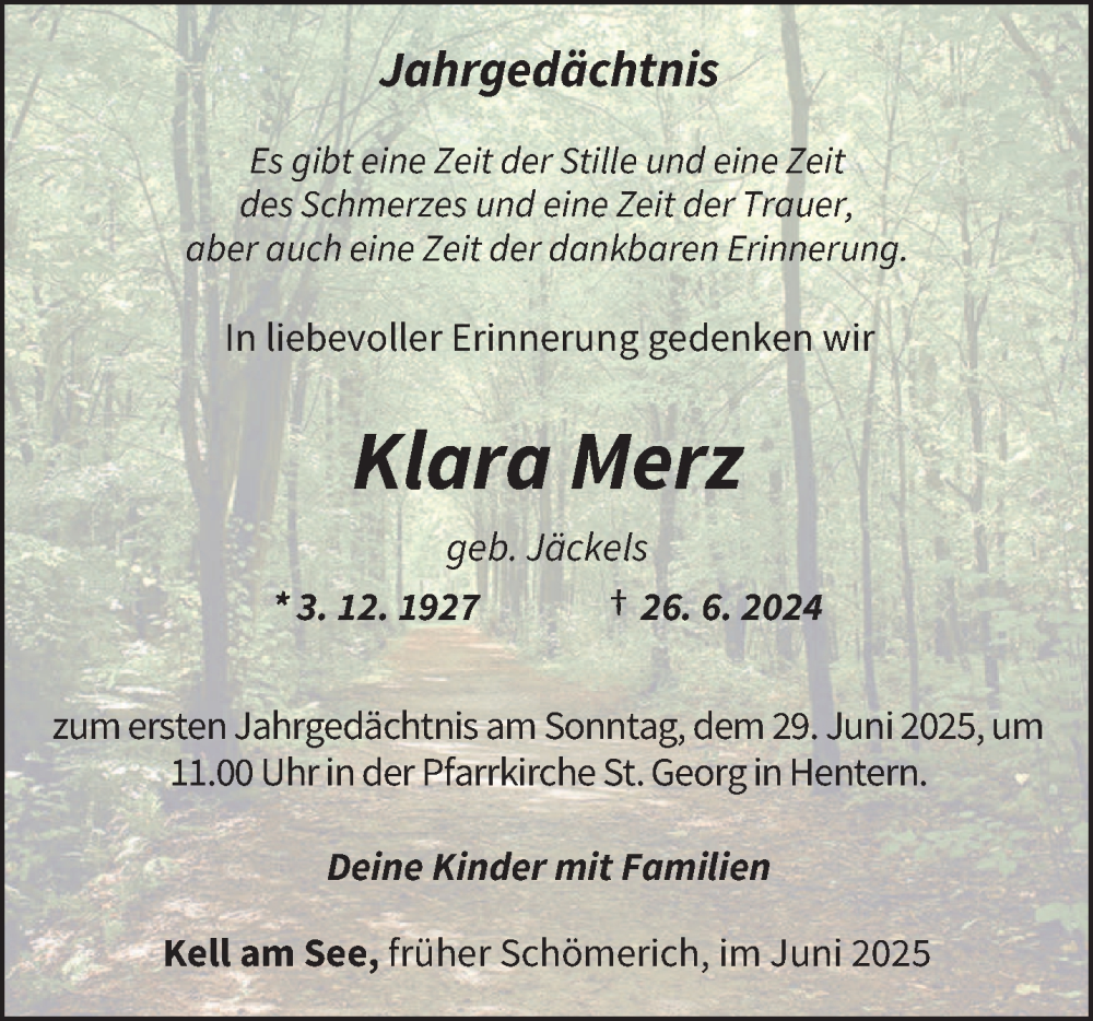  Traueranzeige für Klara Merz vom 21.06.2025 aus trierischer_volksfreund