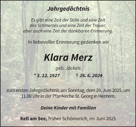 Traueranzeige von Klara Merz von trierischer_volksfreund