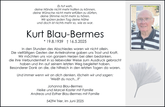 Traueranzeige von Kurt Blau-Bermes von trierischer_volksfreund