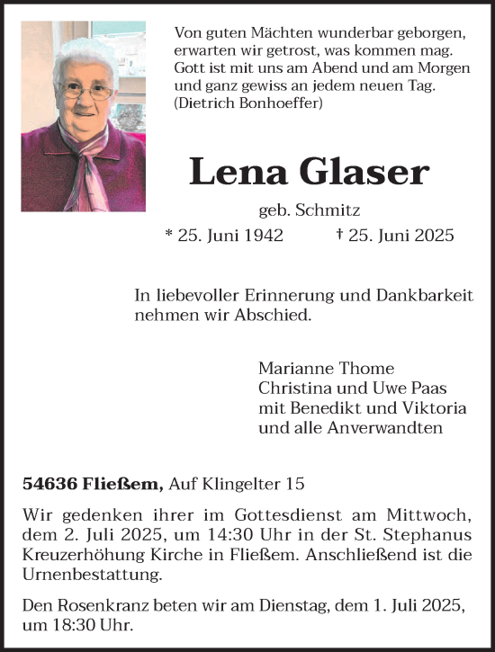 Traueranzeige von Lena Glaser von trierischer_volksfreund