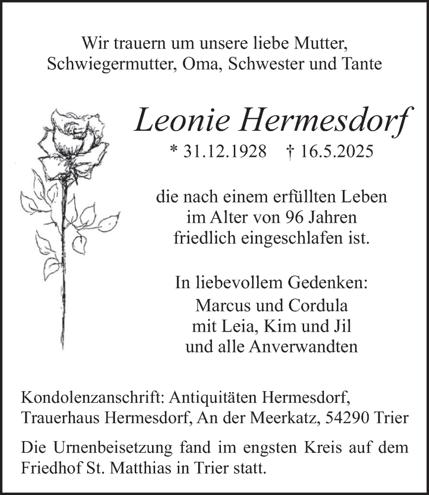  Traueranzeige für Leonie Hermesdorf vom 31.05.2025 aus trierischer_volksfreund