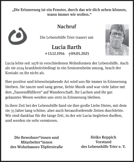 Traueranzeige von Lucia Barth von trierischer_volksfreund