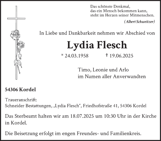 Traueranzeige von Lydia Flesch von trierischer_volksfreund