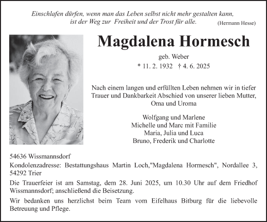 Traueranzeige von Magdalena Hormesch von trierischer_volksfreund