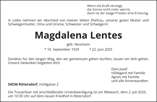 Traueranzeige von Magdalena Lentes von trierischer_volksfreund