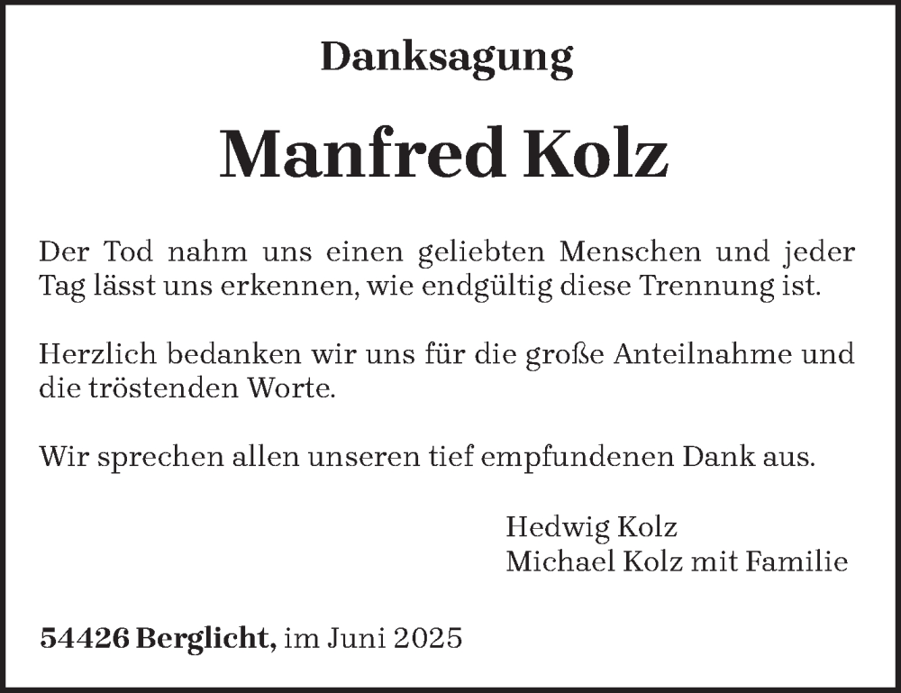  Traueranzeige für Manfred Kolz vom 28.06.2025 aus trierischer_volksfreund