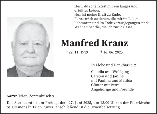 Traueranzeige von Manfred Kranz von trierischer_volksfreund