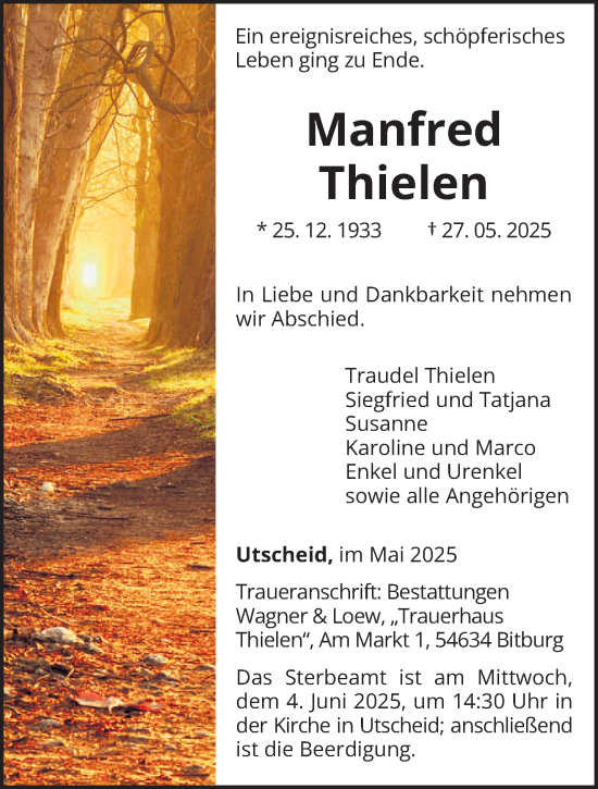 Traueranzeige von Manfred Thielen von trierischer_volksfreund