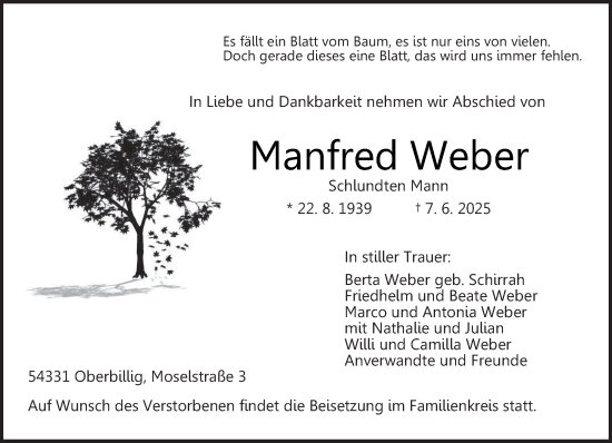 Traueranzeige von Manfred Weber von trierischer_volksfreund