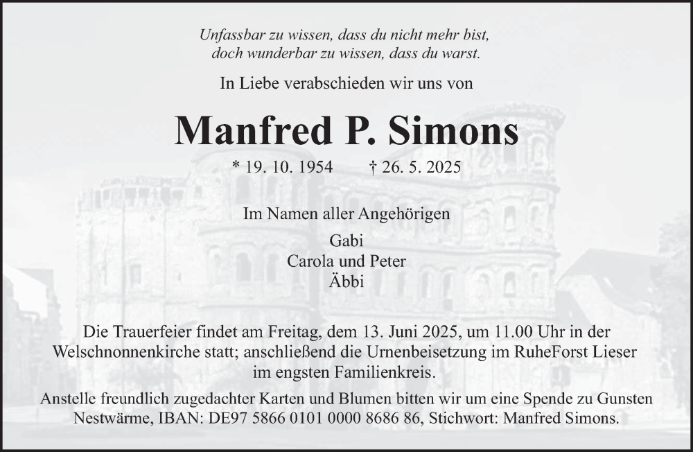  Traueranzeige für Manfred P. Simons vom 07.06.2025 aus trierischer_volksfreund