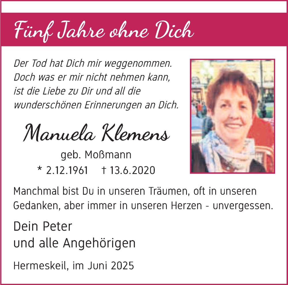  Traueranzeige für Manuela Klemens vom 13.06.2025 aus trierischer_volksfreund