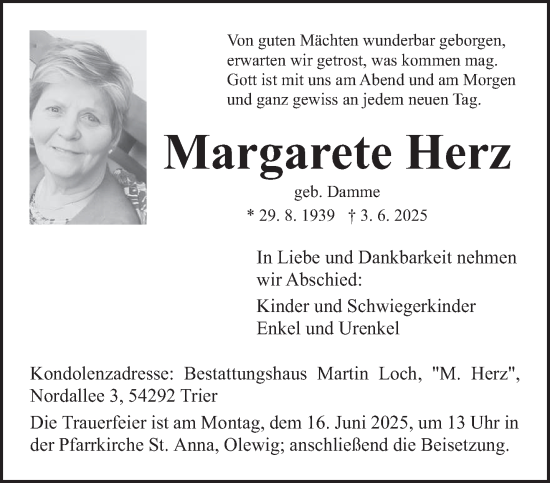 Traueranzeige von Margarete Herz von trierischer_volksfreund