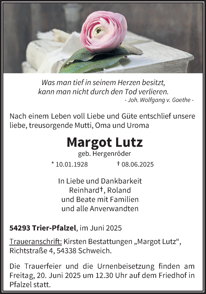  Traueranzeige für Margot Lutz vom 14.06.2025 aus trierischer_volksfreund