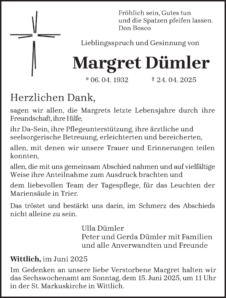  Traueranzeige für Margret Dümler vom 07.06.2025 aus trierischer_volksfreund