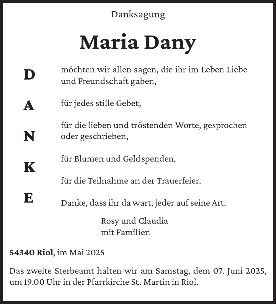 Traueranzeige von Maria Dany von trierischer_volksfreund