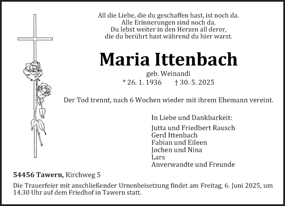  Traueranzeige für Maria Ittenbach vom 04.06.2025 aus trierischer_volksfreund