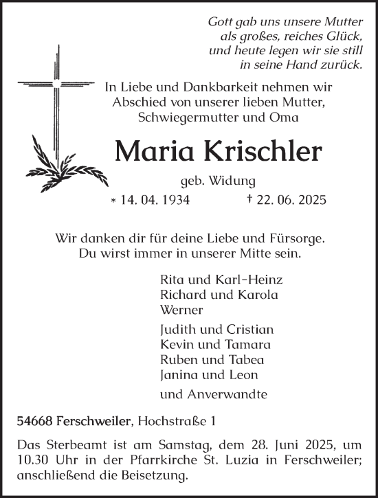 Traueranzeige von Maria Krischler von trierischer_volksfreund
