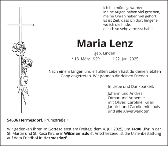 Traueranzeige von Maria Lenz von trierischer_volksfreund