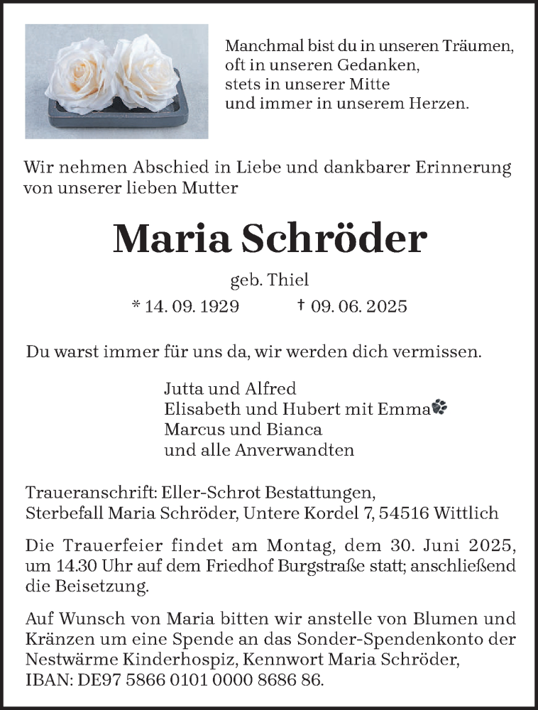  Traueranzeige für Maria Schröder vom 18.06.2025 aus trierischer_volksfreund