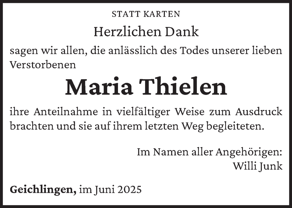  Traueranzeige für Maria Thielen vom 14.06.2025 aus trierischer_volksfreund