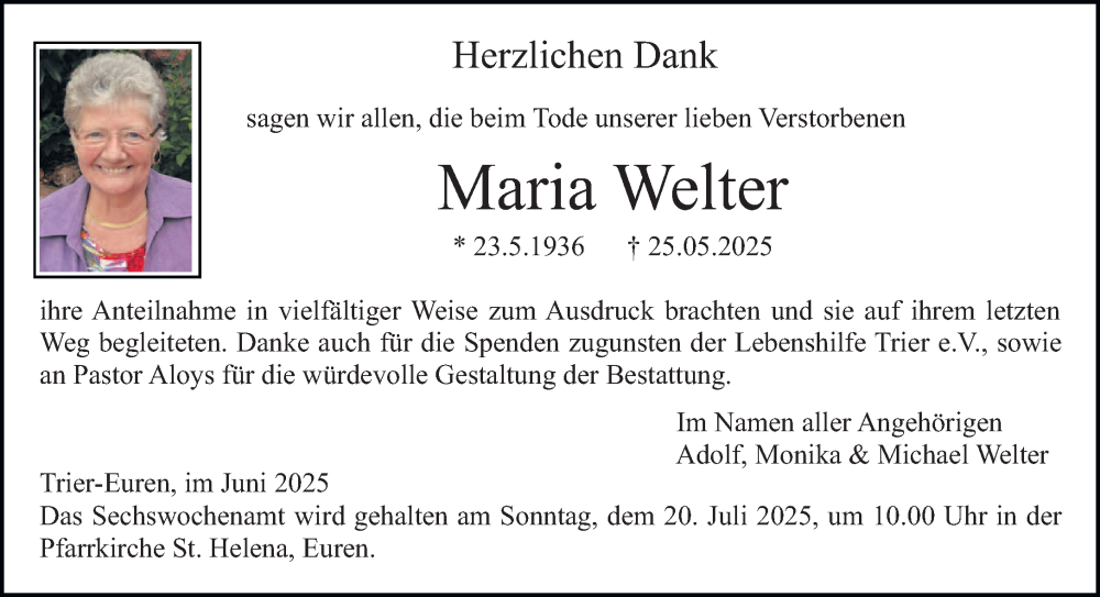  Traueranzeige für Maria Welter vom 21.06.2025 aus trierischer_volksfreund
