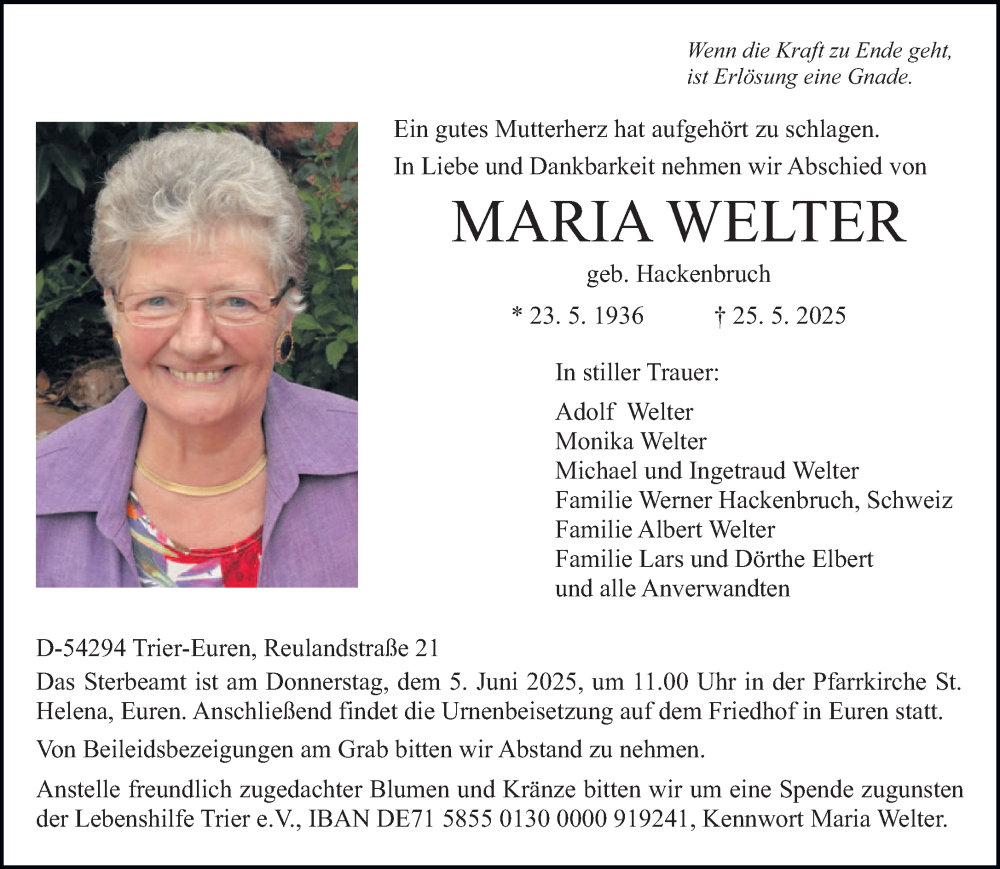  Traueranzeige für Maria Welter vom 31.05.2025 aus trierischer_volksfreund