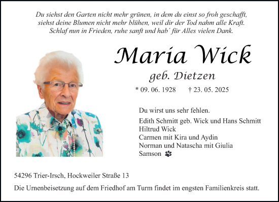Traueranzeige von Maria Wick von trierischer_volksfreund