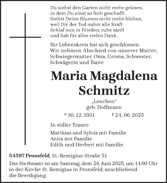 Traueranzeige von Maria Magdalena Schmitz von trierischer_volksfreund