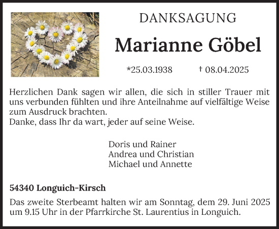 Traueranzeige von Marianne Göbel von trierischer_volksfreund